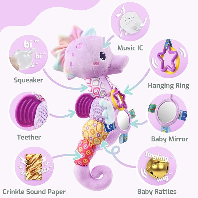 LIGHTDESIRE Baby Toys Musical Seahorse Stuffed Animals Infant Toys 0-6-12 Months with Mirror|Rattles|Crinkle|Baby Teething Toys,Sensory Toys for Tummy Time Newborn Boys Girls Gifts(Lavender Purple)