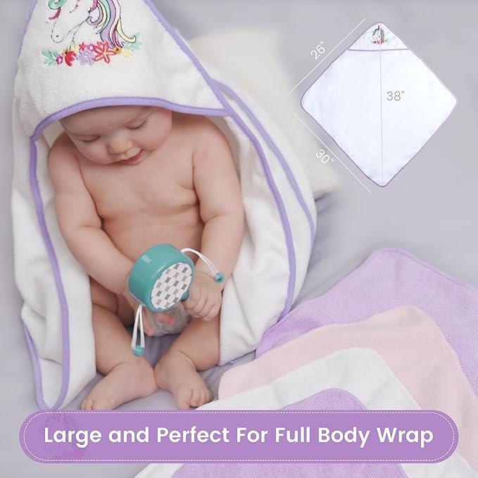 Viviland Baby Towels and Washcloths, Soft Absorbent Purple Baby Bath Towel Set, Unicorn Hooded Towels with 5 Infant Face Washcloths (6 Pieces)