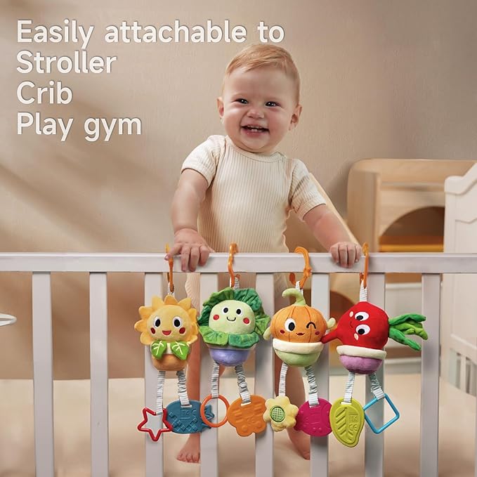 TUMAMA Baby Toys 0 3 6 12 Months, Soft Hanging Stroller Toys Potted Plant Crib Car Seat Toys, Infant Newborn Crinkle Infant Rattles with Teether Squeaky Sensory Developmental Toy