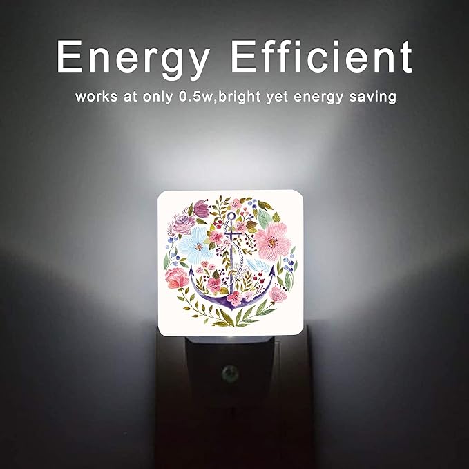 Anchor Night Light,Watercolor Floral Plug in Night Lights 0.5W Sleep Friendly for Boys Girls Led Night Light Dusk to Dawn Sensor Nightlight for Stairway/Hallway/Kitchen