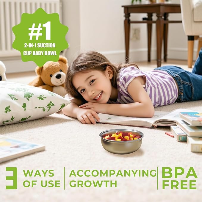 1 Pack Stainless Steel Toddler Suction Bowls for Baby Plates, 2-in-1 SUS304 Toddlers Bowl & Removable Silicone Suction Kids Bowl for Cereal | Snack | Anti-Scald Non-Toxic Suction Bowls