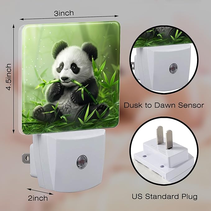 Cute Panda Eating Bamboo Night Light, Natural Animal Green Leaves Dusk to Dawn Night Light Plug in, 0.5W Energy Saving Sleep Friendly NightLight for Kids Boys Girls Home Decor