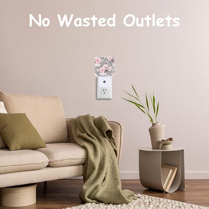 Night Light Plug Wall,Pink Flowers and Grey Leaves LED Night Lights with Dusk to Dawn Light Sensor for Women Girls Boys Room Decor,Hallway,Kitchen,Bathroom,Nursery,Stairs