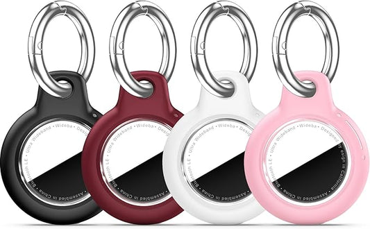 Upgrade Waterproof 4 Pack Airtags Holder with Apple Airtags Keychain, Hard PC Air Tag Case, Anti-Scratch & Shock Air tag Holder, Men's Women's Keyrings & Keychains -Black+Wine Red+White+Pink
