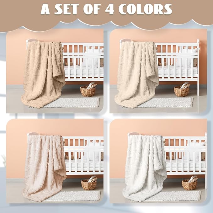 VitalCozy 4 Pcs Fluffy Baby Blanket Fleece 30" x 40" 3D for Boys Nursery Little Girl Infant or Newborn Receiving Swaddling Blankets(Khaki Set)