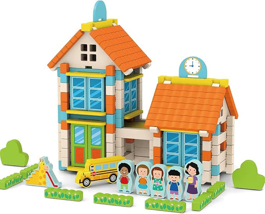 182PCS Wooden Building Blocks Set for Toddlers, Construction City Stacking Toys, Preschool Learning Educational Toys for Kids 3+ Years Girls and Boys (School)