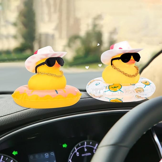 wonuu Car Rubber Duck, Yellow Duck Decoration Dashboard with Sun Hat Swim Ring Necklace Sunglasses for Car Dashboard Decorations, Pink White Cowboy Hat-Transparent