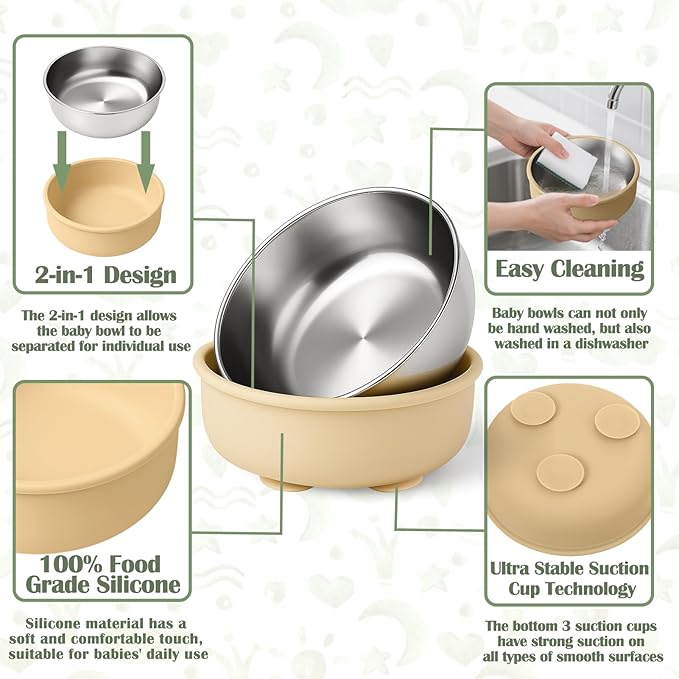 Mity rain Stainless Steel & Silicone Bowls for Baby - 4-Piece Suction Plates & Bowls for Toddlers,Removable Silicone Shell,Non-Slip Baby Food Bowl with Unbreakable Design (Baby Bowls with Suction)