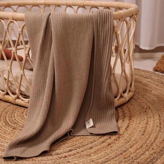 Knitted Organic Cotton Baby Blanket- Swaddle Blanket, 30" x 40" Soft Receiving Blanket for Newborn 2-Pack (Fog/Mochachino)