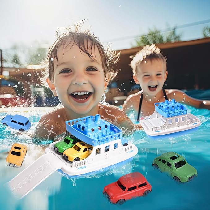 Toy Boat Bath Toys for Toddlers with 4 Mini Car Toys, Kids Water Toys Ferry Boat for Bathtub Bathroom Pool Beach Toys, Birthday Gifts