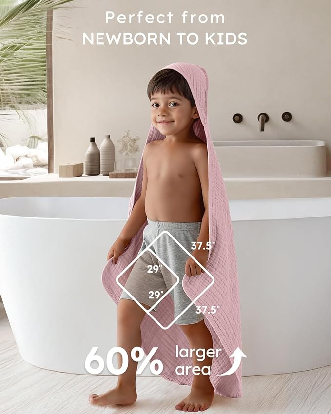 Yoofoss Hooded Baby Towels for Newborn 2 Pack 100% Muslin Organic Cotton Baby Bath Towel with Hood for Babies, Infant, Toddler and Kids,37.5“x37.5“, Soft and Absorbent Newborn Essential,Pink&WhiteLeaf