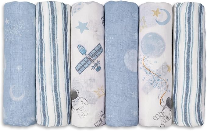 GLLQUEN BABY Receiving Blanket Boy Cotton Muslin Swaddle Blankets Girl Newborn Squares Breathable & Soft Thin Baby Blankets Cloths Double Absorbent Infant Swaddling Wrap - 6 Pack (Blue Astronaut)