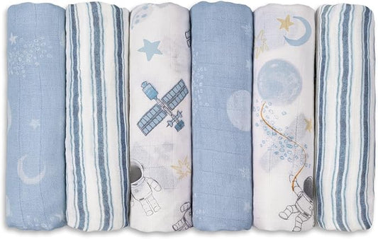 GLLQUEN BABY Receiving Blanket Boy Cotton Muslin Swaddle Blankets Girl Newborn Squares Breathable & Soft Thin Baby Blankets Cloths Double Absorbent Infant Swaddling Wrap - 6 Pack (Blue Astronaut)