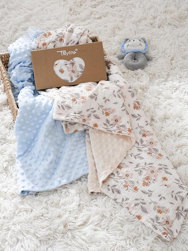 TILLYOU Baby Blankets for Girls Boys, Receiving Baby Blanket with Double Layer Soft Plush, Minky Muslin Cotton Front and Dotted Backing 30"x40", Blue Flower