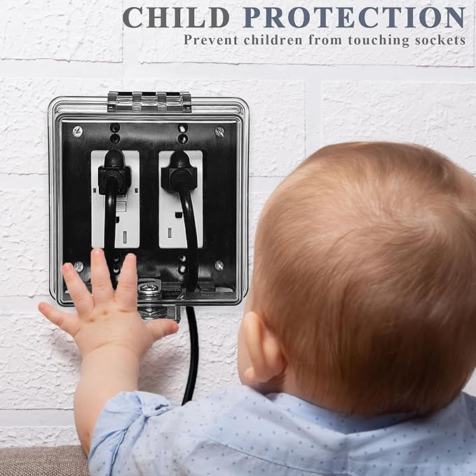 2-Gang Baby Safety Dual Outlet Cover Box - Key Lock for Much Better Toddler Proofing, Easier Operation, Simple 4 Step Install,Provides Extra Space Inside for Plugs,Adapters,Clear(2pack)