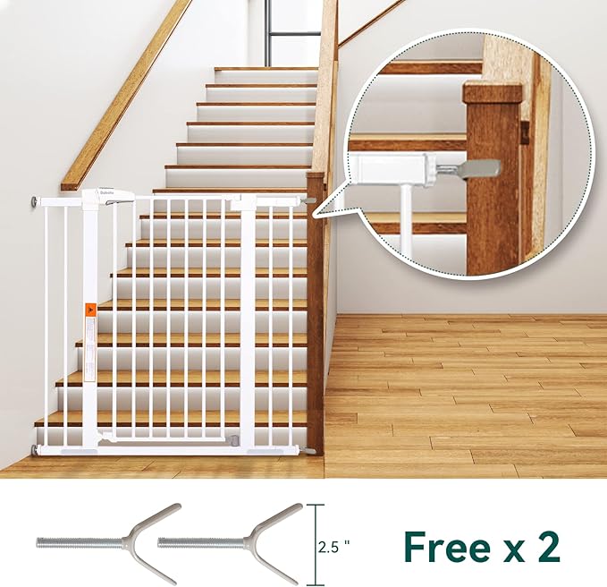 BABELIO 36" Tall Dog Gate PressGuard C5, 26-40" Wide Auto Close Baby Gate, Pressure Mounted Metal Pet Gate, Easy Install No Drilling, No Tools Needed, with Wall Protectors and Extension Kits, White