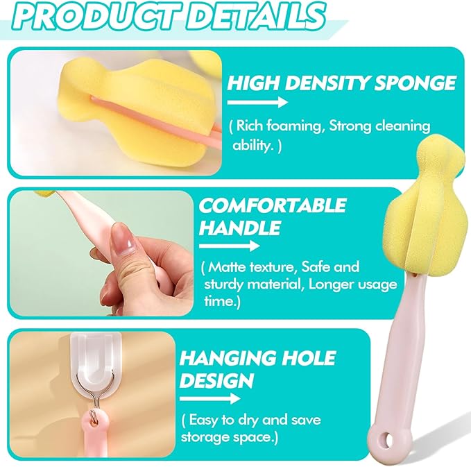 Sponge Bottle Brush 6PCS Sponge Nipple Brushes Baby Bottle Nipple Cleaning Brush Long Handle Baby Milk Bottle Brush (6PCS)