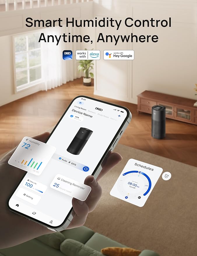 DREO Smart Evaporative Humidifier Large Room up to 1000ft², 800ml/h High Output Air Humidifiers for Bedroom, 10L, 50H Long Runtime with Precise Humidification for Plants, Home, Office, Black, HHM774S