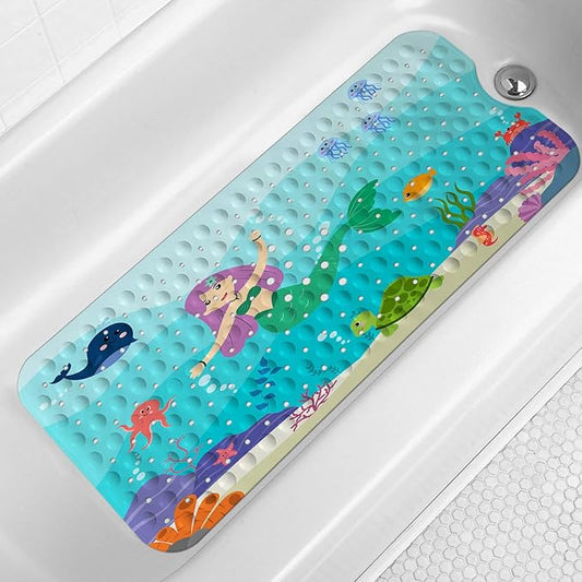 LNOND Bath Mat for Tub for Kids, Ocean Mermaid Bathtub Mat, Kids Bath Mats for Bathroom Non Slip with Drain Holes and Suction Cups,Machine Washable (40 X 16 Inch)