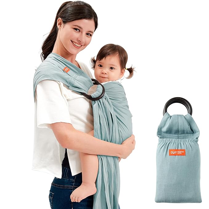 Mamaway Baby Ring Sling Carrier - Newborn and Toddler Sling (Supports up to 165lbs), IHDI Certified, Rayon & Linen Made, Soft & Breathable, Nylon 66 Safety Rings, Storage Pocket Design, Blue