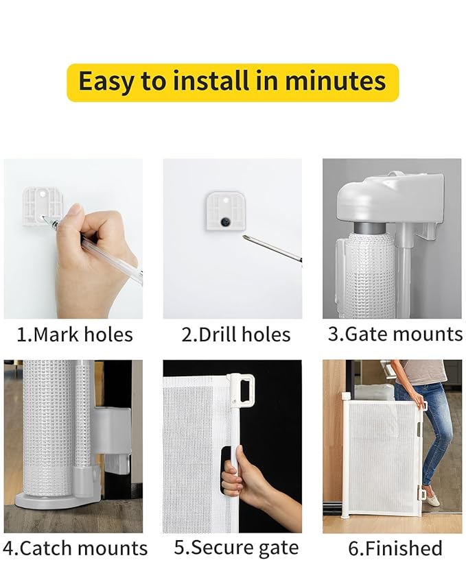 Retractable Baby Gate for Stairs – 33” Height, Expands up to 55” Width – Safety Gate for Infants, Toddlers, Dogs & Pets – Easy Install, Secure Closure, White Mesh Design for Indoor & Outdoor Use