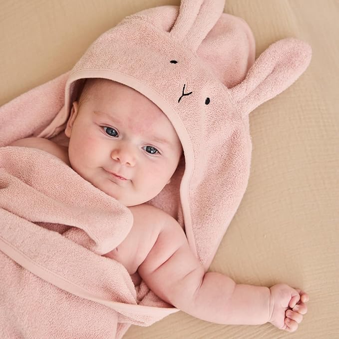 Baby Hooded Towel – Organic Cotton Baby Bath Towels, 32" x 32" Super-Soft and Absorbent Baby Towels for Newborn 2-Pack (Rabbit Blush)