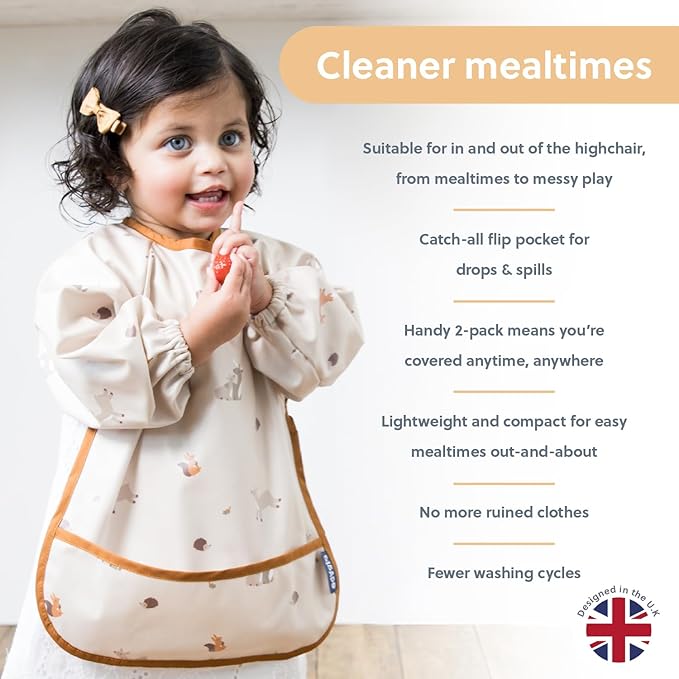 BIBaDO Mess Proof Baby Bib, 2 Pack Long Sleeve Bib, 6 month - 3 Years, Waterproof Bibs for Toddlers, Machine Washable