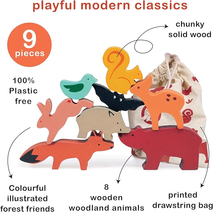 Mentari Toys - Happy Stacking Forest - 8pc Wooden Stacking Toy for Toddlers - Colorful Nature Theme Balancing Activity Toy with Bag - Boost Fine Motor Skills and Dexterity - Educational Toy - Age 18m+