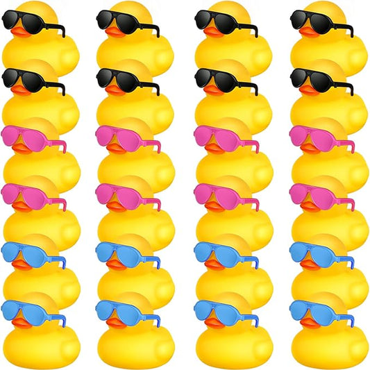 24 Pcs Mini Rubber Ducks with Sunglasses, Rubber Ducks in Bulk Valentine Bathtub Toys for Cruise Valentines Kids Classroom Gift Exchange(Eyeglasses,Yellow, Blue, Pink, Black)