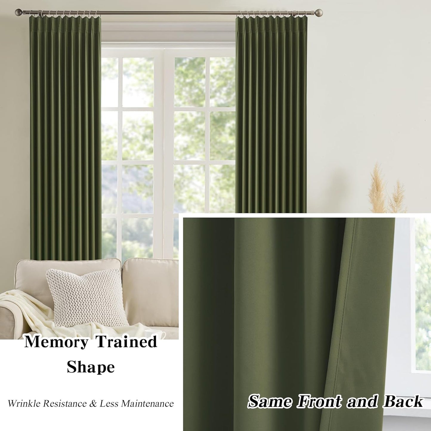 KEQIAOSUOCAI 92 Inch Dark Olive Green Curtains for Bedroom Living Room,Thermal Insulated Dark Out Sound Proof Curtain for Dining Room, Pinch Pleated for Traverse Rods 40x92-2 PCs