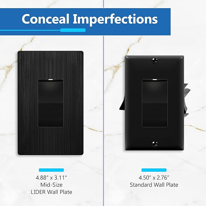 LIDER Brushed Finish Decorator Switch Cover, Screwless Wall Plate, Mid-Size 1-Gang 4.88" x 3.11", Unbreakable Polycarbonate Thermoplastic, UL Listed, LSWP-31M-BBK, Brushed Black