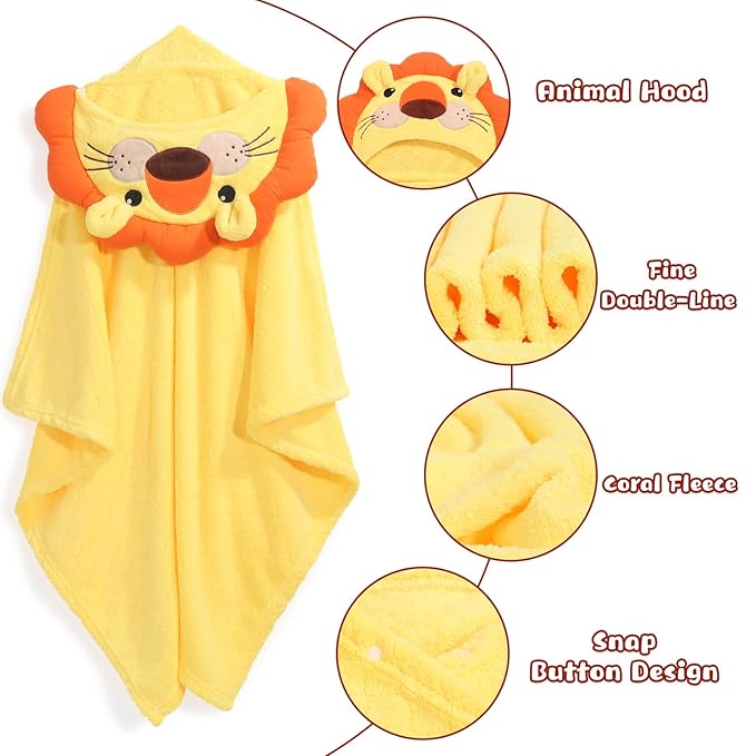 Kids Bath Towels with Hood, Soft and Thick Hooded Towels for Toddlers 3-5, 2 PCS Cute Animal Face Premium Coral Fleece with Large Size 50 in*32 in, Orange Tiger & Yellow Lion Set