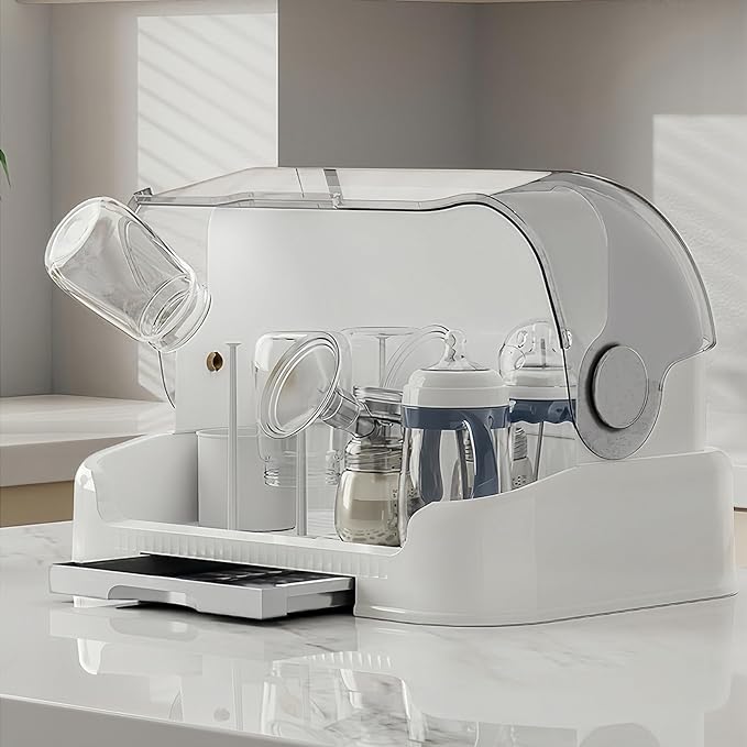 Zdolmy Baby Bottle Drying Rack Storage, Nursing Bottle Storage Box Organizer with Cover, Portable Kitchen Cabinet Organizer, Durable countertop Dryer (White)