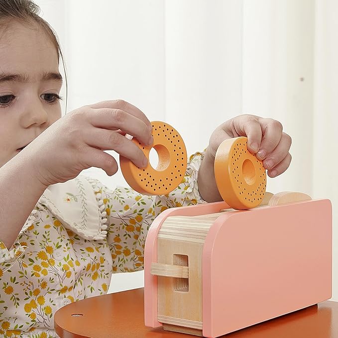 Bagel & Toast Pop-Up Toaster – 18-Piece Wooden Breakfast Playset, Montessori Kitchen Toy Includes Bagels, Bread, Bacon, Veggies & Milk for Kids Ages 3+