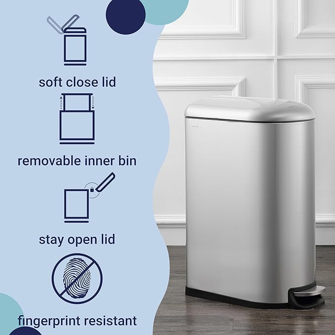 happimess HPM1009A Roland Mini 2.6-Gallon Step-Open Trash Can with Soft-Close Lid, Modern, Minimalistic, Fingerprint Proof for Home, Kitchen, Laundry Room, Office, Bedroom, Bathroom, Chrome