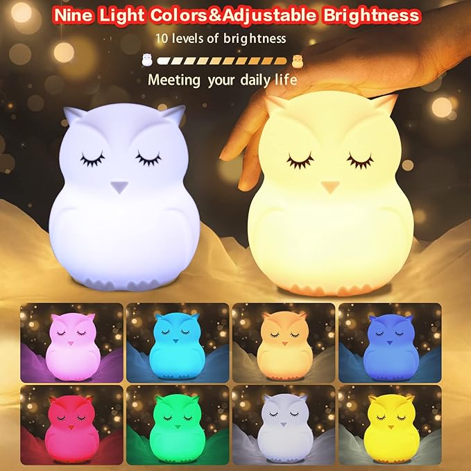 WHA&DARREN Owl Night Lights Kids, Silicone Light Bedside Lamp, Baby Nursery Light, Sleep Night-Light, Squishy Night Light for Kids Room, Animal Night Lights for Girls and Boys