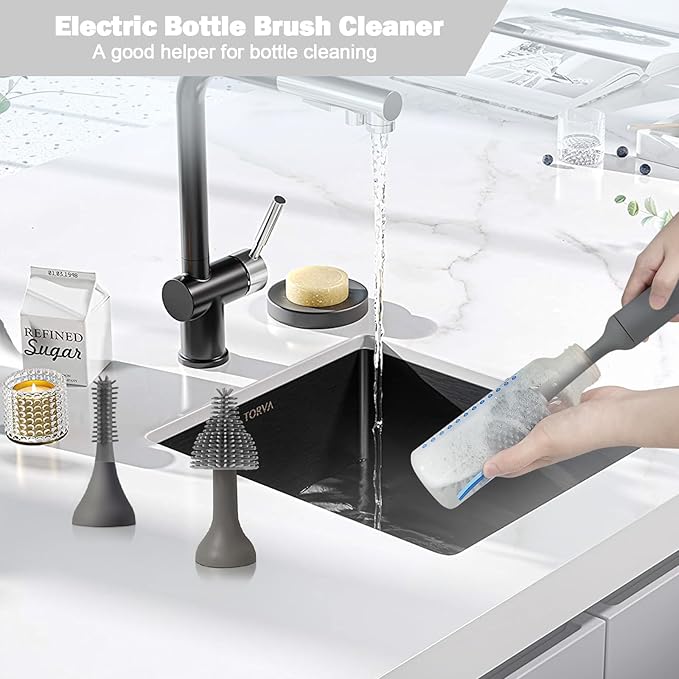 Electric Baby Bottle Brush Set with Rechargeable Electric Bottle Brush Cleaner and Replaceable Silicone Bottle Brushes and Straw Brush Cleaner, Waterproof Multi-Purpose Cleaning Brush（Grey）