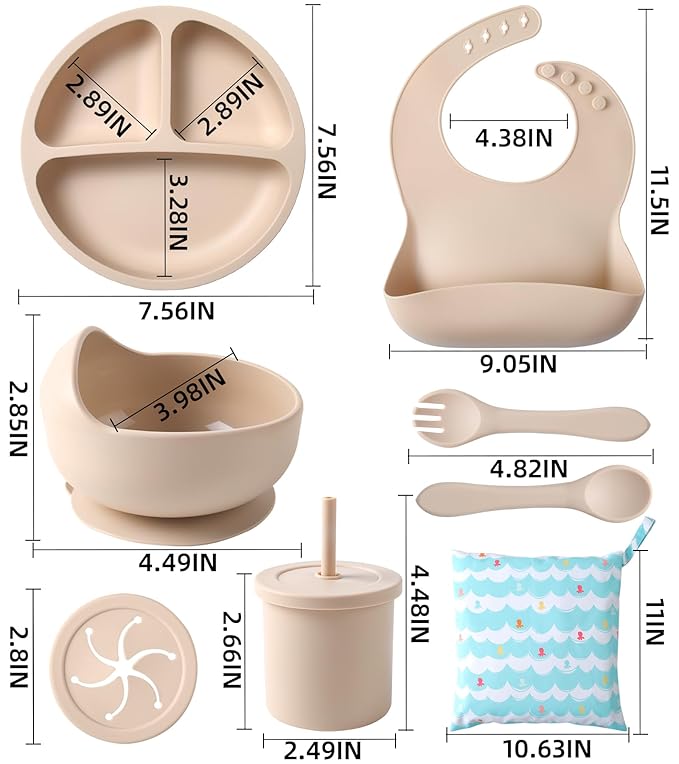 ECLIP Silicone Baby Feeding Set,10 Pcs Baby Led Weaning Supplies Baby Eating Essentials Set with Suction Bowl Divided Plate Adjustable Bib Soft Spoon Fork Cup with Lid Drinking Cup, Travel Bag (Beige)