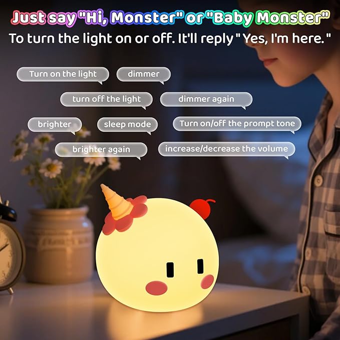 Monster Night Light for Kids, Silicone Touch Night Light for Baby Nursery, Voice-3-Level Warm Light Adjustment Portable Nursing Room Light, Rechargeable Nightlight for Girls and Boys Bedside Gift