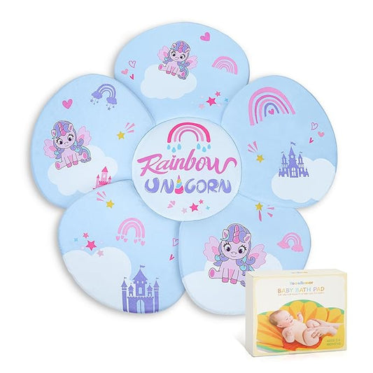 Flower Baby Bath Pad - Ultra Soft Infant Bathtub Mat with Non-Slip Petal Design, Newborn Bathing Lounger Insert for Sink or Tub, Unicorn Theme (Unicorn)