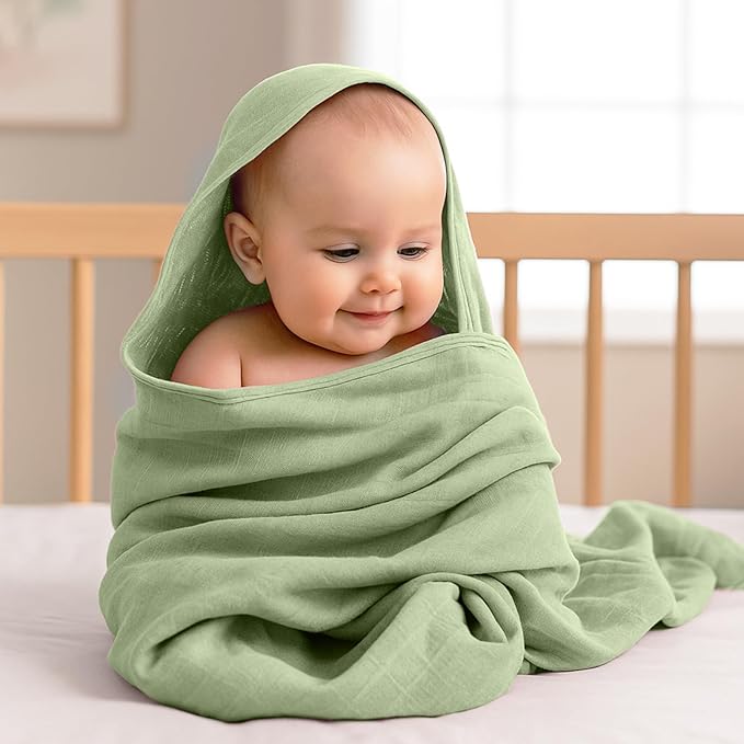 Preboun 6 Pcs Muslin Hooded Baby Towels and Washcloths 32"x 32" Cotton Newborn Bath Towel Anti-Shrink Infant Baby Blankets with Hood 12"x 12" Washcloths for Girl Boy Toddler(Light Blue,Green)