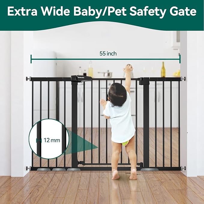 BABELIO Extra Wide Baby/Dog Gate PressGuard P7, 29-55" Auto Clos for The House and Doorway, Safety Pressure Mounted Pet Door, NO Need Tools and Drilling, Black