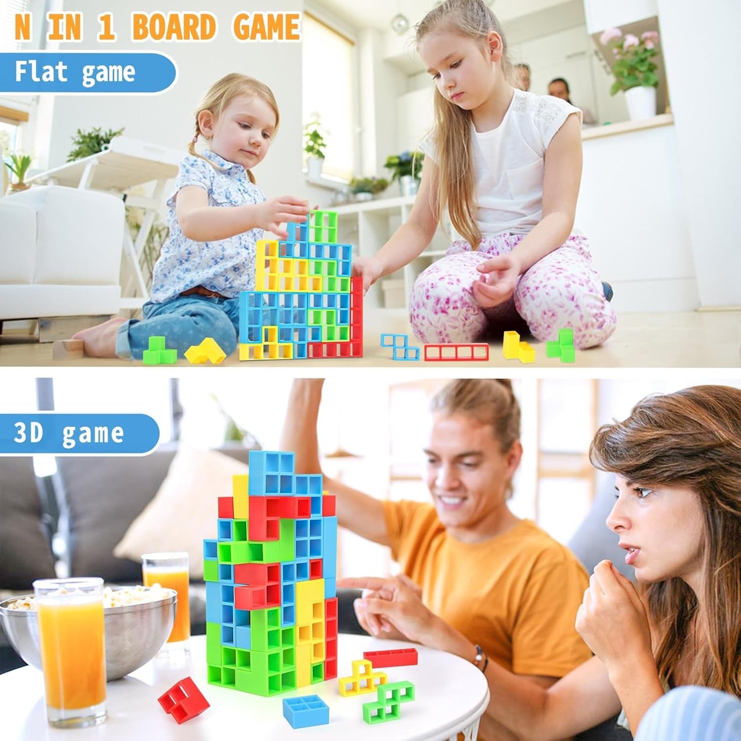 48PCS Stack Game for Adult & Kids, Tetra Board Tower Games for Family Travel Party, 2 Players Balance Stacking Toy, Team Toys Building Block