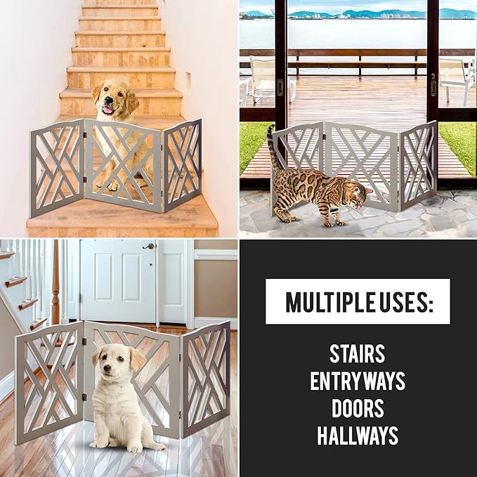 Bundaloo Freestanding Dog Gate Expandable Decorative Wooden Fence for Small to Medium Pet Dogs, Barrier for Stairs, Doorways, & Hallways (Crisscross - Grey)