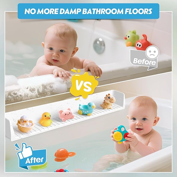 Bathtub Splash Guard for Tub Kids - Silicone Bathtub Water Guard with 11 Suction Cups, Play Shelf for Bathing, Toy Tray Caddy Holder for Tub Prevents Water Spills in Bathroom, Fun Bath Time Storage