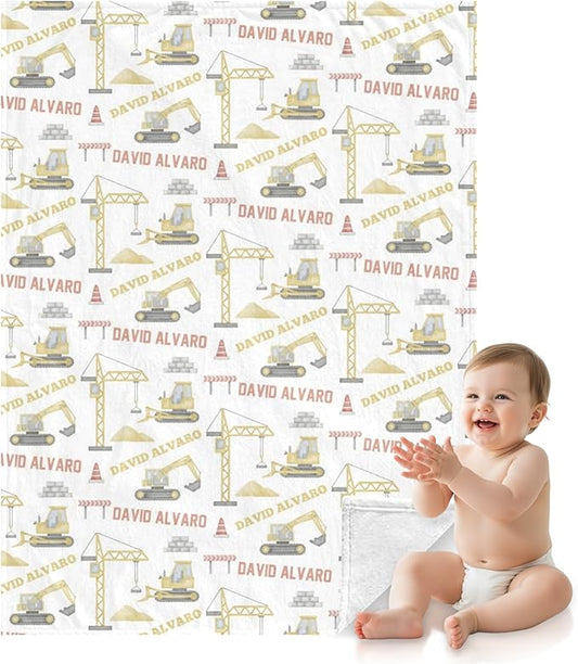 Ship Next Day, Personalized Baby Blanket for Boys Girls - Printed in USA, Custom Name Toddler Blanket with Excavator Pattern, Perfect Newborn Gift