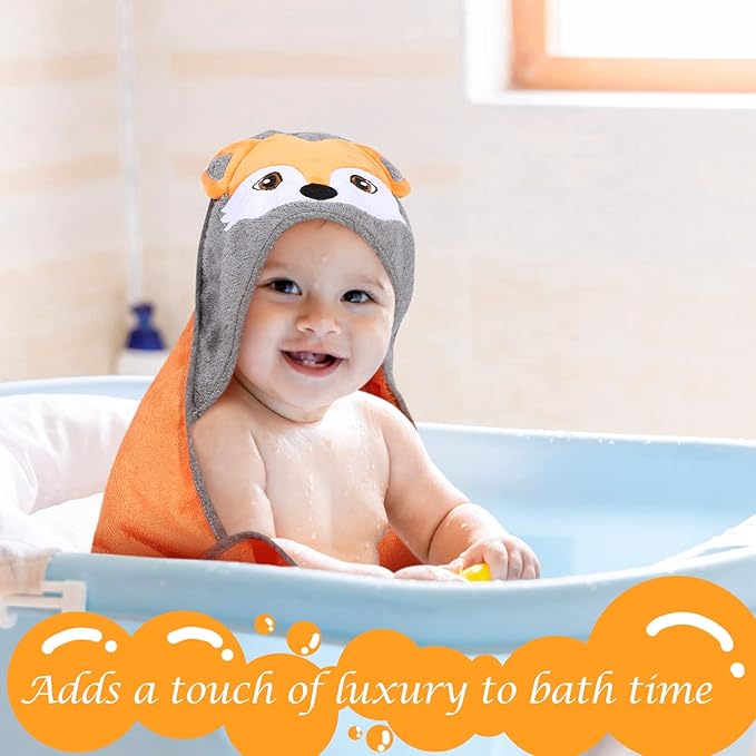 Munich Blue Toddler Bath Towel & Baby Bath Towels - Extra-Large, Plush, and Absorbent Toddler Towels - Cute Fox Face Design Vibrant Orange - Hooded Baby Towels, Soft Bamboo Viscose, Newborn Essential