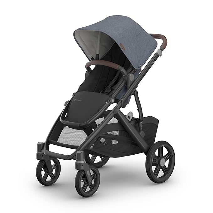 UPPAbaby Vista V3 Stroller - Full-Size Single-to-Double Stroller System - Toddler Seat, Bug Shield, Rain Shield, and Storage Bag Included - Julian (Dusty Blue Mélange/Carbon Frame/Chestnut Leather)