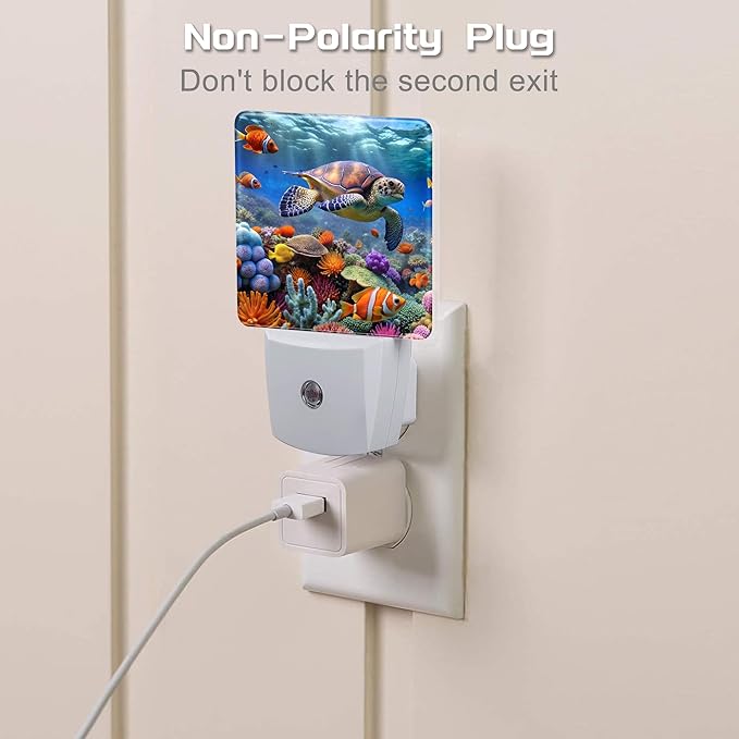 Giant Turtle in Coral Reefs Night Light, Underwater World Marine Fish Corals Dusk to Dawn Night Light Plug in, 0.5w Energy Saving Sleep Friendly NightLight for Kids Boys Girls Home Decor