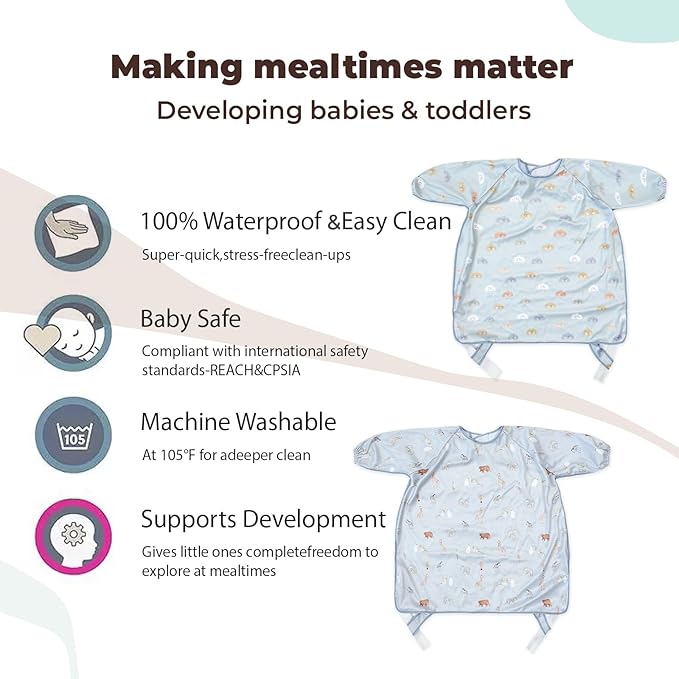 Happy Flute Long Sleeve Baby Bib-Mess Proof Baby Feeding Bibs with Adjustable Design for Babies during Eating or Highchair